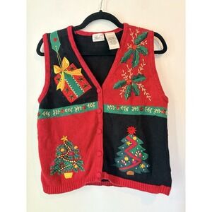 Vintage 90s Kathie Lee Christmas Sweater Vest Womens M Red Black Embroidered